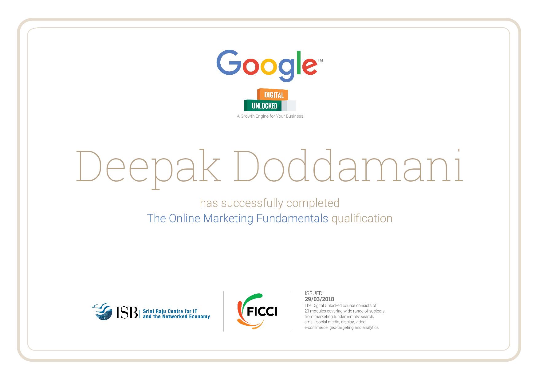 Google's Digital Marketing Certificate of Deepak Doddamani